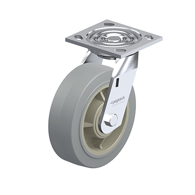 Medium Duty Casters, Steel, Rubber Wheel Tread, Polypropylene Wheel Core, Medium Version, Bracket type L Swivel bracket with mounting plate, Inch