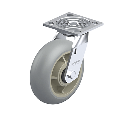 Medium Duty Casters, Rubber Wheel Tread, Polypropylene Wheel Core, Medium Version, Round Tread, Bracket type L Swivel bracket with mounting plate, Inch