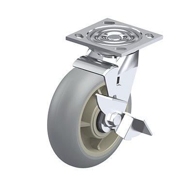 Medium Duty Casters, Rubber Wheel Tread, Polypropylene Wheel Core, Medium Version, Round Tread, Bracket type LF Swivel bracket with mounting plate, with wheel brake, Inch