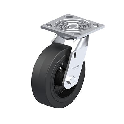 Medium Duty Casters, Rubber Wheel Tread, Cast Iron wheel Core, Medium Version, Round Tread, Bracket type L Swivel bracket with mounting plate, Inch