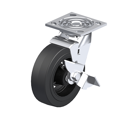 Medium Duty Casters, Rubber Wheel Tread, Cast Iron wheel Core, Medium Version, Round Tread, Bracket type FL Swivel bracket with mounting plate, with wheel brake, Inch