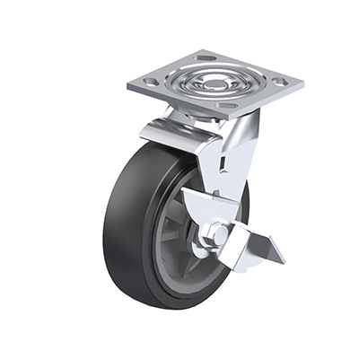 Medium Duty Casters, Steel, Polyurethane Wheel Tread, Polypropylene Wheel Core, Medium Version, Bracket type LF Swivel bracket with mounting plate, with wheel brake, Inch