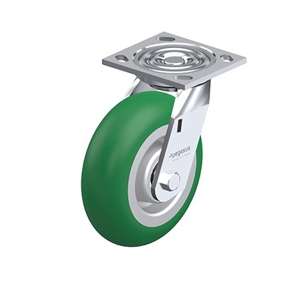 Medium Duty Casters, Polyurethane Wheel Tread, Aluminum Wheel Core, Medium Version, Round Tread Type L Swivel bracket with mounting plate, Inch