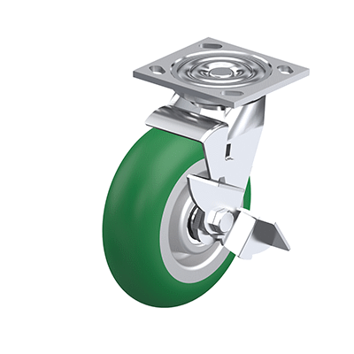 Medium Duty Casters, Polyurethane Wheel Tread, Aluminum Wheel Core, Medium Version, Round Tread Type LF Swivel bracket with mounting plate, with wheel brake, Inch