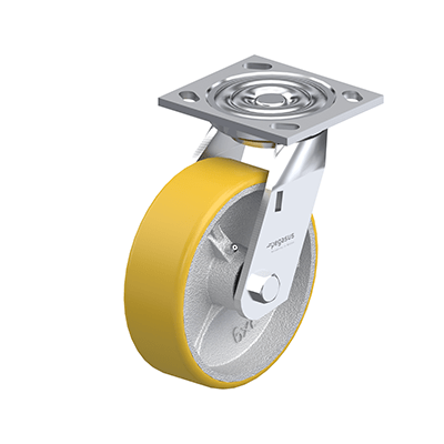 Medium Duty Casters, Steel, Polyurethane Wheel Tread, Cast Iron Wheel Core, Medium Version, Bracket type L Swivel bracket with mounting plate, Inch