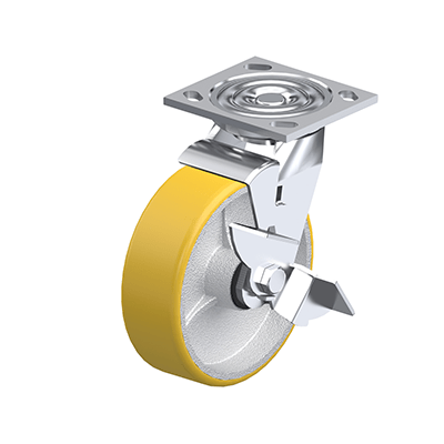 Medium Duty Casters, Steel, Polyurethane Wheel Tread, Cast Iron Wheel Core, Medium Version, Bracket type LF Swivel bracket with mounting plate, with wheel brake, Inch