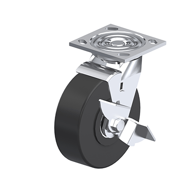 Medium Duty Casters, Steel, Nylon Wheel Tread / Core, Medium Version, Bracket type LF Swivel bracket with mounting plate, with wheel brake, Inch