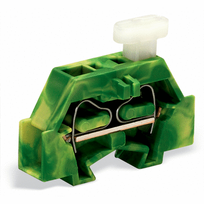 Space-saving, 2-conductor end terminal block, on one side with push-button, without protruding snap-in mounting foot, 1-pole, for terminal strips with snap-in mounting feet, 2.5 mm², CAGE CLAMP®