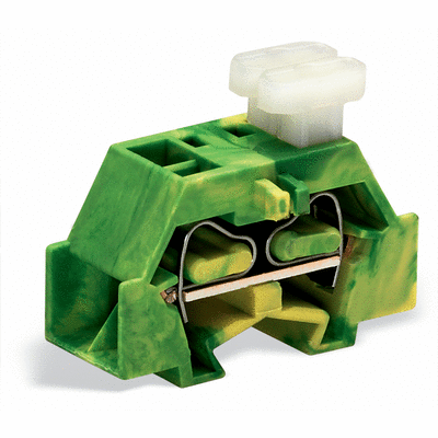 Space-saving, 4-conductor end terminal block, on one side with push-buttons, without protruding snap-in mounting foot, 1-pole, for terminal strips with snap-in mounting feet, 2.5 mm², CAGE CLAMP®