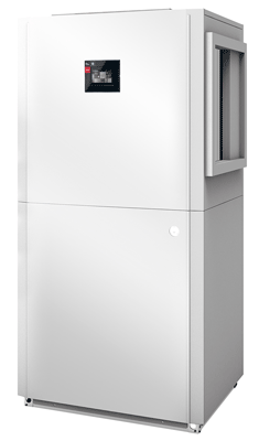 Compact air-to-water heat pump for indoor installation. 12 kW heat output.