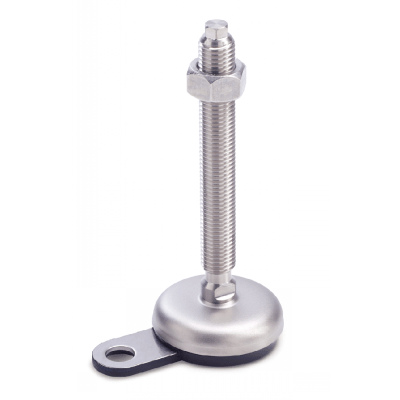 Pied inox, avec patte de fixation, à tige filetée avec méplat et écrou de protection