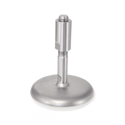 Pied inox, à tige filetée avec méplat et écrou de protection, avec semelle vulcanisée en caoutchouc noir ou blanc