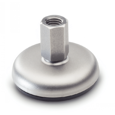 Pied inox, taraudé, avec semelle en caoutchouc noir