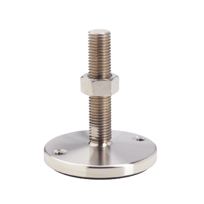 Pied inox, à tige filetée avec méplat et six pans creux - Avec trou de fixation - Avec semelle - Avec écrou