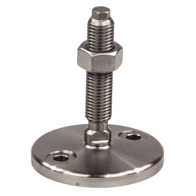 Pied inox, à tige filetée avec méplat et six pans - Avec trou de fixation - Sans semelle - Avec écrou