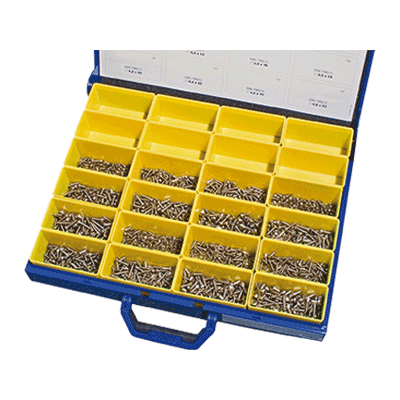 Assortment of tapping screws in box, A2