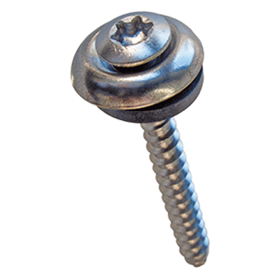 Hexalobular (6 Lobe) socket oval countersunk head building screws with slot, assembled with finishing washer and sealing ring, stainless steel A2, plain