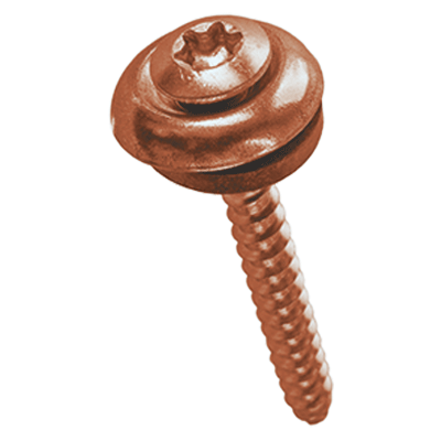 Hexalobular (6 Lobe) socket oval countersunk head building screws with slot, assembled with finishing washer and sealing ring, stainless steel A2, copper plated