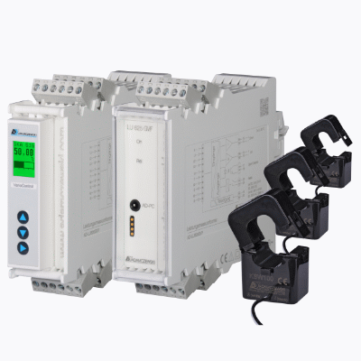 Three-phase digital power meter with external clip-on current transformers, analog standard signal output, relay and semiconductor output and VarioControl interface