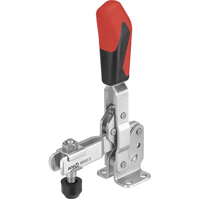 Vertical acting toggle clamp with open clamping arm and horizontal base