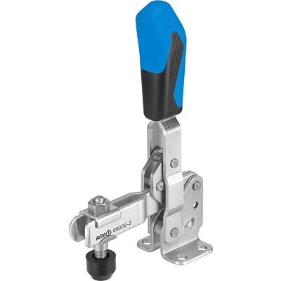 Vertical acting toggle clamp with open clamping arm and horizontal base