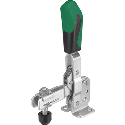 Vertical acting toggle clamp with open clamping arm and horizontal base