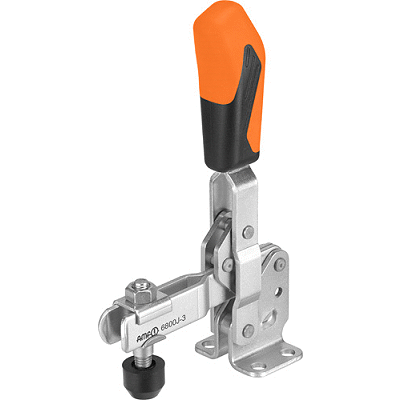 Vertical acting toggle clamp with open clamping arm and horizontal base