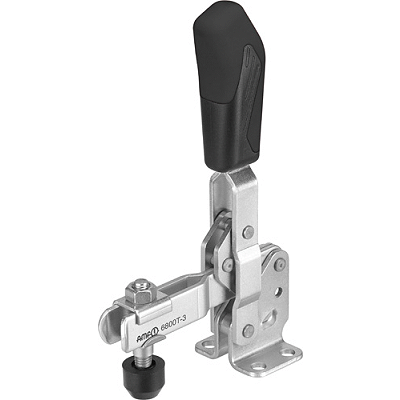 Vertical acting toggle clamp with open clamping arm and horizontal base