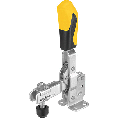 Vertical acting toggle clamp with open clamping arm and horizontal base