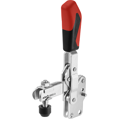 Vertical acting toggle clamp with open clamping arm and vertical base