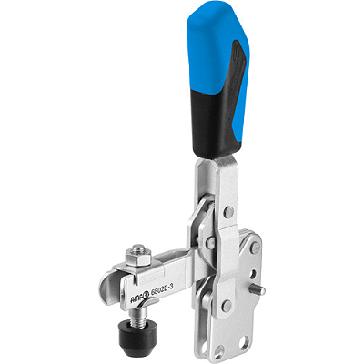 Vertical acting toggle clamp with open clamping arm and vertical base
