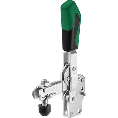 Vertical acting toggle clamp with open clamping arm and vertical base