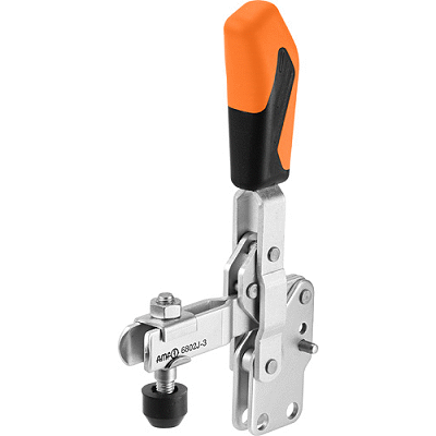 Vertical acting toggle clamp with open clamping arm and vertical base