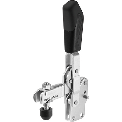 Vertical acting toggle clamp with open clamping arm and vertical base