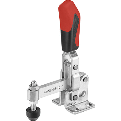 Vertical toggle clamp, clamping arm with fixed distance of clamping screw and horizontal base
