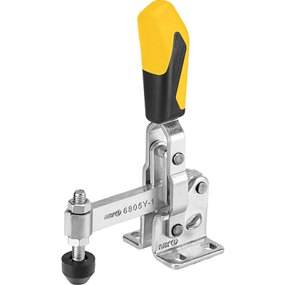 Vertical toggle clamp, clamping arm with fixed distance of clamping screw and horizontal base
