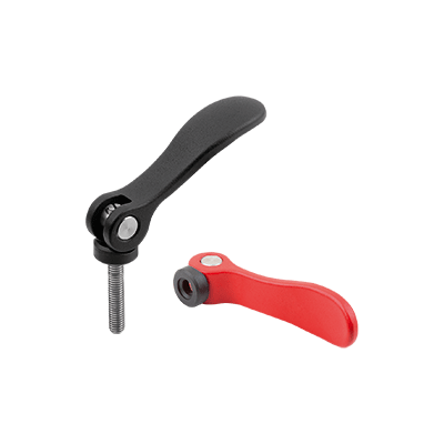 Levier à serrage rapide en aluminium avec taraudage ou filetage, rondelle de pression en plastique et goujon fileté en acier ou en inox