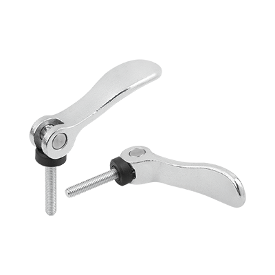 Cam levers, steel, adjustable with external thread, plastic thrust washer and steel stud