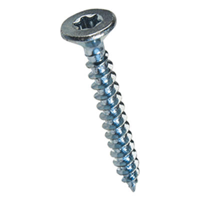 Hexalobular (6 Lobe) socket flat countersunk head chipboard screws fully threaded, steel case-hardened, zinc plated blue, added lubricant