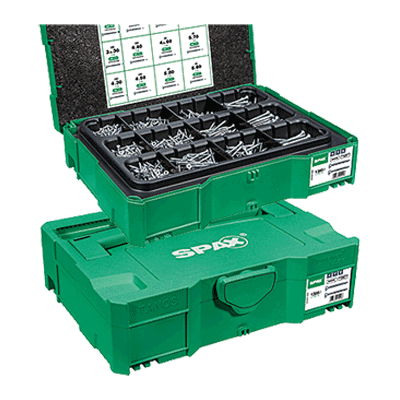 Assembly box of hexalobular (6 Lobe) socket flat countersunk head chipboard screws T-STAR plus, fully / partially threaded, with 4CUT point (SPAX® T-Loc I), steel case-hardened, WIROX®, added lubricant