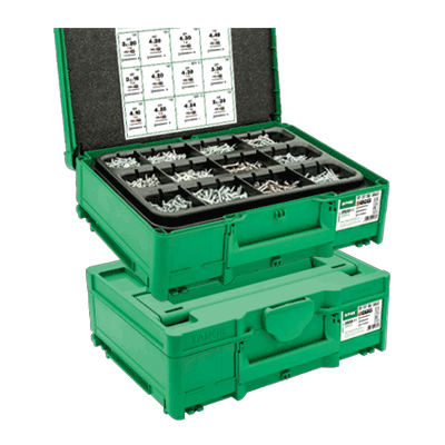 Assembly box of hexalobular (6 Lobe) socket chipboard screws for furniture construction T-STAR plus, fully / partially threaded with 4CUT point (SPAX® T-Loc), steel case-hardened, WIROX® added lubricant