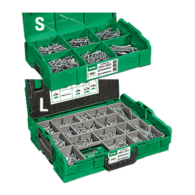 Assembly box of hexalobular (6 Lobe) socket flat countersunk head chipboard screws T-STAR plus, fully / partially threaded (SPAX®; L-BOXX), steel case-hardened, WIROX®, added lubricant