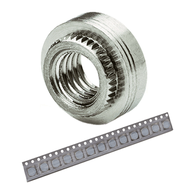 Surface mount nuts without adhesive patch, on tape for PC boards