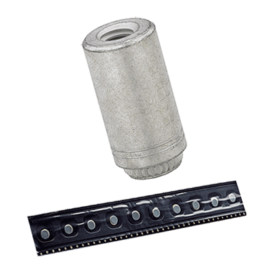 Surface mount threaded spacers with adhesive patch, on tape for PC boards