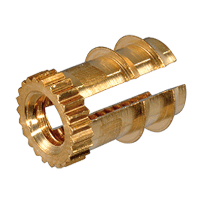 Press-in threaded inserts with expansion anchoring without head, with gear rim and anchoring profile, for wood, soft plastics and composite materials, straight knurled (BancLok® F 821 / 822 / 823), brass, plain