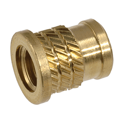 Press-in threaded inserts for thermoplastics and thermosettings, with flange, brass, plain