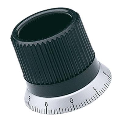 Knurled control knobs with graduated flange with black-oxide steel boss, flange out of aluminum with black marks and numbers (ELESA® IZN.381+FGS), Technopolymer, glass-fiber reinforced, black