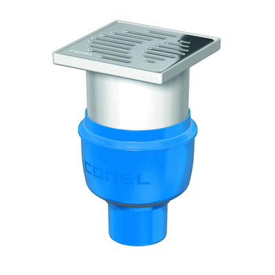 BODENABLAUF DRAIN DN 70 SENKRECHT CONEL MIT AUFSATZ, ROST 150MM