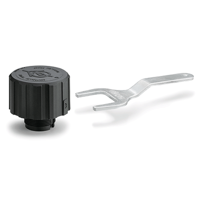 Double-valve pressurised breather caps vandal-proof