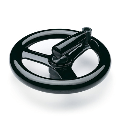Three-spoke handwheels with fold-away handle
